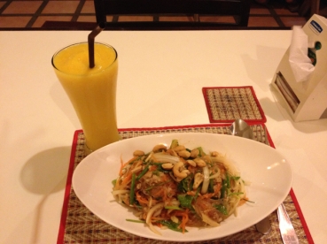 Glass noodle salad with pork, and a mango/passionfruit smoothie (my favorite!)